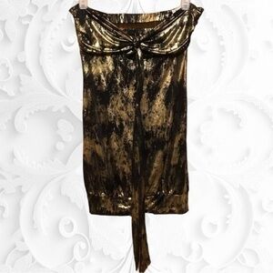 Black/Gold Strapless Long Form Fitted Top With Cut Outs In Back Front Long Tie